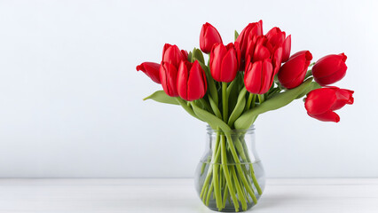 International woman's day concept. Spring home decorations with bouquet of red tulips in modern vase on white background