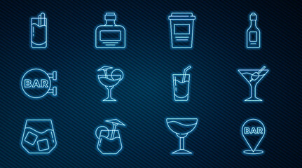 Set line Alcohol bar location, Martini glass, Coffee cup to go, Cocktail, Street signboard with Bar, Bloody Mary, and Whiskey bottle icon. Vector