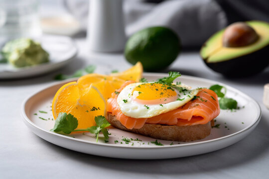 Healthy keto breakfast with eggs, salmon and avocado on a plate, restaurant serving. Generative AI.