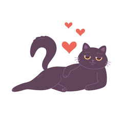 Cute black cat. Cat with hearts. Domestic pets, feline activities. Vector illustration in flat style