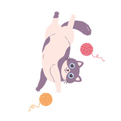 Cute cat playing with balls of thread. Domestic pets, feline activities. Home cat life. Vector illustration in flat style