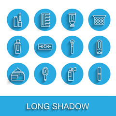 Set line Cream or lotion cosmetic tube, Hand mirror, Mascara brush, Perfume, Nail file, Acne, Bottle of shampoo and Makeup icon. Vector