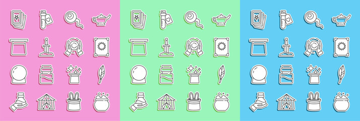 Set line Witch cauldron, Magic feather, Ancient magic book, Eye, Sword in stone, hat, Three tarot cards and ball hand icon. Vector
