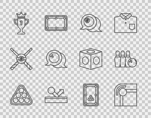 Set line Billiard balls in rack triangle, table, Award cup, Bowling, and pin and icon. Vector
