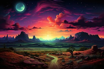 Vibrant sunset at the desert scene with a hill and colorful land