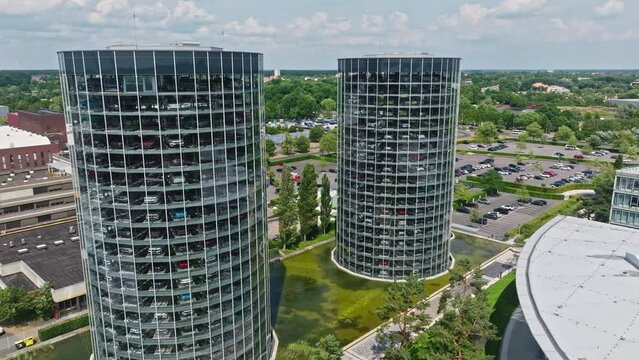 Drone shot of Autostadt museum , Wolfsburg , Germany . The Autostadt is a visitor attraction adjacent to the Volkswagen factory in Wolfsburg, Germany, with a prime focus on automobiles. 