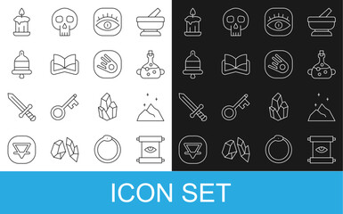 Set line Ancient magic scroll, Magic powder, Poison in bottle, Masons, book, Ringing alarm bell, Burning candle and Comet falling down fast icon. Vector