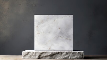 A marble podium with a minimal design, supporting a single piece of abstract art.