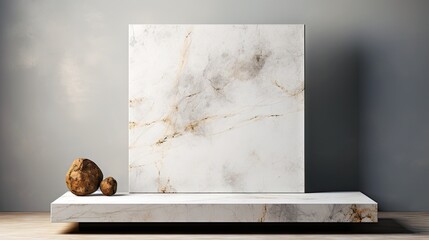 A marble podium with a minimal design, supporting a single piece of abstract art.