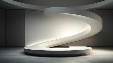 A white podium with a simple curved shape, illuminated by a soft spotlight