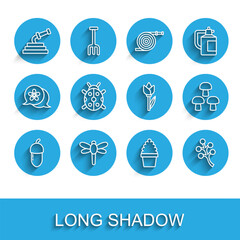Set line Acorn, Dragonfly, Garden hose, Cactus peyote in pot, Blossom tree branch, Ladybug, Mushroom and Flower tulip icon. Vector