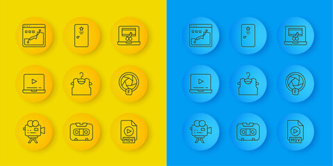 Set line Retro cinema camera, Online play video, Sleeveless T-shirt, MOV file document, Camera shutter, Histogram graph photography, Video recorder on laptop and Backstage icon. Vector