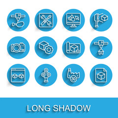 Set line 3D printer perfect copy, scanner, chicken leg, Printing house industry, Isometric cube file, and Graphing paper for engineering icon. Vector
