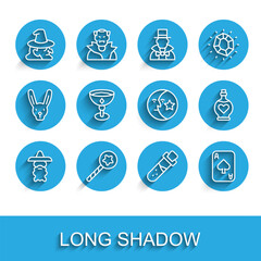Set line Wizard warlock, Magic wand, Witch, Bottle with potion, Playing cards, Medieval goblet, love and Moon stars icon. Vector