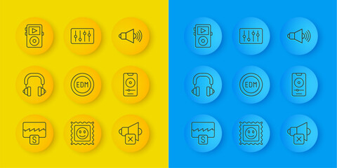 Set line Music wave equalizer, Headphones, EDM electronic dance music, Speaker mute, player, volume and Sound mixer controller icon. Vector