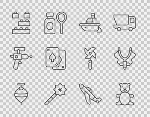 Set line Whirligig toy, Teddy bear plush, Toy boat, Magic wand, building block bricks, Playing cards, plane and Slingshot icon. Vector