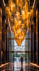 Creating an Illuminating decorate interior with a Modern Style and Elegance with Hanging Chandeliers in High Ceiling Lobby