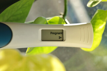 Close up of a pregnancy test kit shows positive pregnancy.