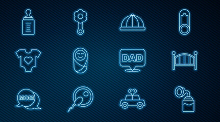 Set line Breast pump, Baby crib cradle bed, hat, Newborn baby infant swaddled, clothes, bottle, Speech bubble dad and Rattle toy icon. Vector