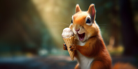 squirrel in the park eating ice cream at summer time, funny summer animal background with empty copy space, generative ai - obrazy, fototapety, plakaty