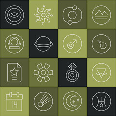 Set line Symbol Uranus, Earth element, Venus symbol, Solar system, Planet Saturn, Libra zodiac, Medallion with eye and Mars icon. Vector