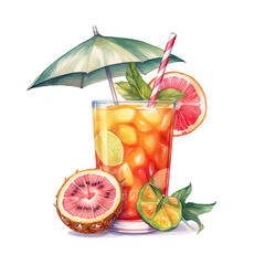 Summer cocktail watercolor illustration, generative ai