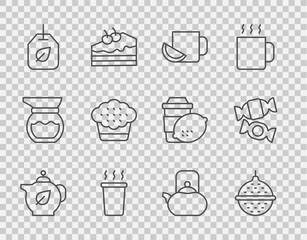 Set line Teapot with leaf, Ball tea strainer, Cup of lemon, bag, Muffin, Kettle handle and Candy icon. Vector