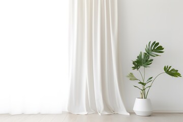 a room with curtains and a potted tropical plant