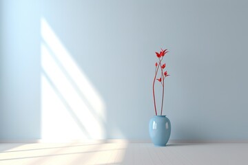 blue vase with red flowers in a empty space, light blue wall