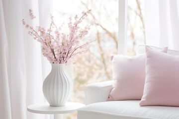 tranquil room with white sofa near window, pink blossoms in vase