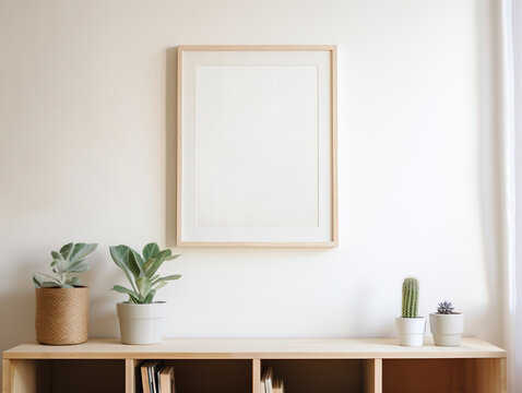 empty wall art picture frame mockup, and potted plant