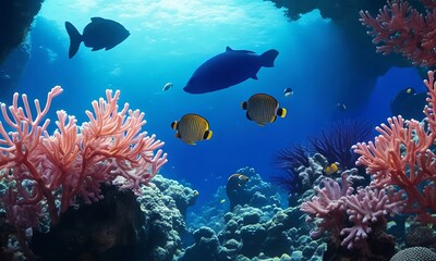 Under the sea, big fish and beautiful corals