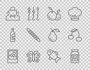 Set line Photo frame, Jam jar, Fruit, Butterfly, Kitchen apron, French baguette bread, Fish and Cherry icon. Vector