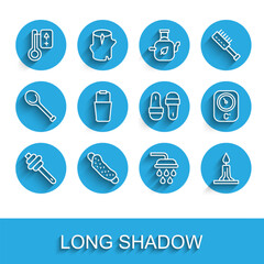 Set line Honey dipper stick, Washcloth, Sauna thermometer, Shower, Burning candle, bucket, and slippers icon. Vector