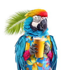  a Macaw as a party animal, a cool cat, in a Hawaiian shirt holding a drink in a Fun Party-themed, photorealistic illustration in a PNG, cutout, and isolated. Generative AI