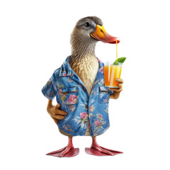a Duck as a party animal, a cool cat, in a Hawaiian shirt holding a drink in a Fun Party-themed, photorealistic illustration in a PNG, cutout, and isolated. Generative AI