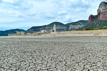 Gerona, Spain:04.23.2023; The ecosystem degradation in Sau reservoir on the Ter river