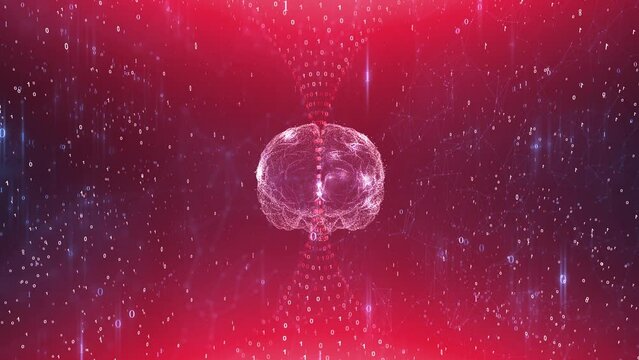 Futuristic digital human brain with binary numbers loop rotation.
