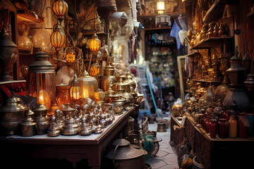 crowded shop in eastern bazaar with lamps, brass trinkets, mysterious objects