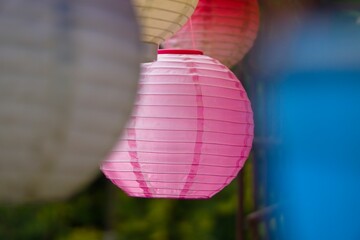 
colorful solar lantern on the garden terrace, creating a mood in the evening