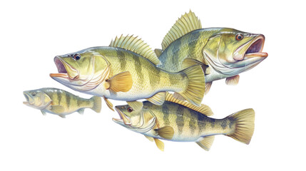 a group of Large-mouth bass, Micropterus salmoides in various positions in Aquatic-themed, photorealistic illustrations in a PNG, cutout, and isolated. Generative ai - obrazy, fototapety, plakaty