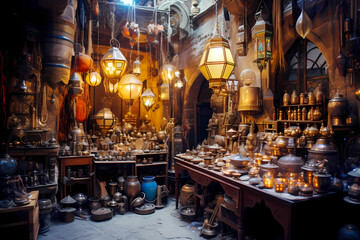Fototapeta na wymiar crowded shop in eastern bazaar with lamps, brass trinkets, mysterious objects