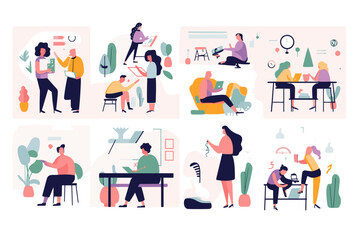 Vector illustrations depicting people engaged in various educational activities such as learning, reading, participating in online courses, receiving training, and going back to school.