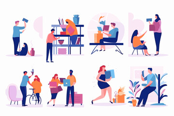 Illustrations for Education Concept. Vector graphics of people engaged in different educational activities like learning, reading books, taking online courses, training, and going back to school.