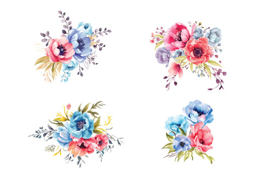 Set of floral branch. Flower red blue and lemon rose, green and blue leaves. Wedding concept with flowers. Floral poster, invite. Vector arrangements for greeting card or invitation design