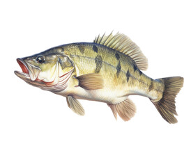 a Large-mouth bass, Micropterus salmoides in various positions in Aquatic-themed, photorealistic illustrations in a PNG, cutout, and isolated. Generative AI
