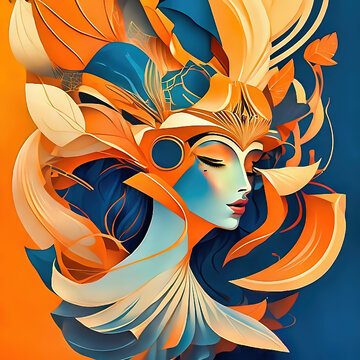 female portrait abstract art with orange and blue colours 