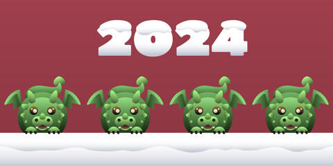 Red White Banner with Green Dragons and Snow. 2024 New Year. Christmas. Background, template, pattern, banner, poster.