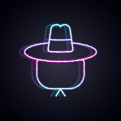 Glowing neon line Camping hat icon isolated on black background. Beach hat panama. Explorer travelers hat for hunting, hiking, tourism. Vector