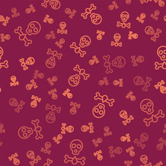 Brown line Bones and skull as a sign of toxicity warning icon isolated seamless pattern on red background. Vector